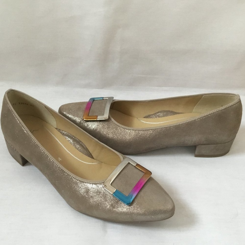 ara Paley Taupe Glamour Kid Leather Slip On Chic Rainbow Buckle Ballet Flat 6.5